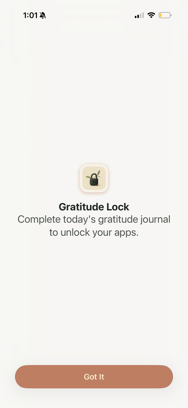 Gratitude Lock blocked-app screen on iPhone: complete today's gratitude journal to unlock your apps