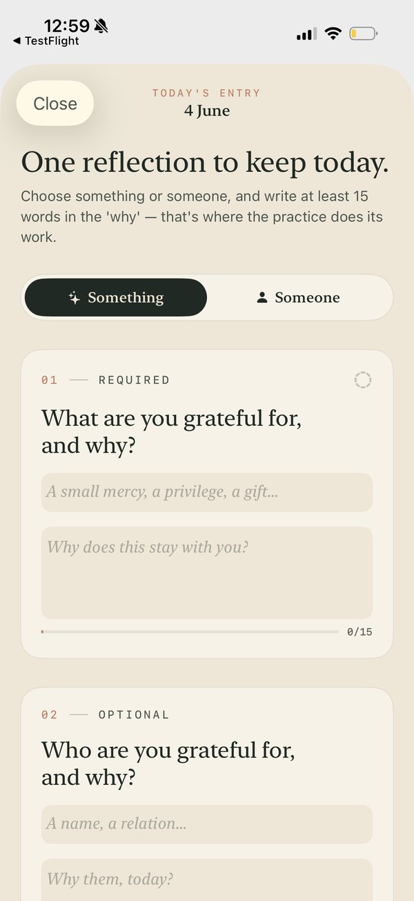 Gratitude Lock daily journal entry form: one reflection to keep today